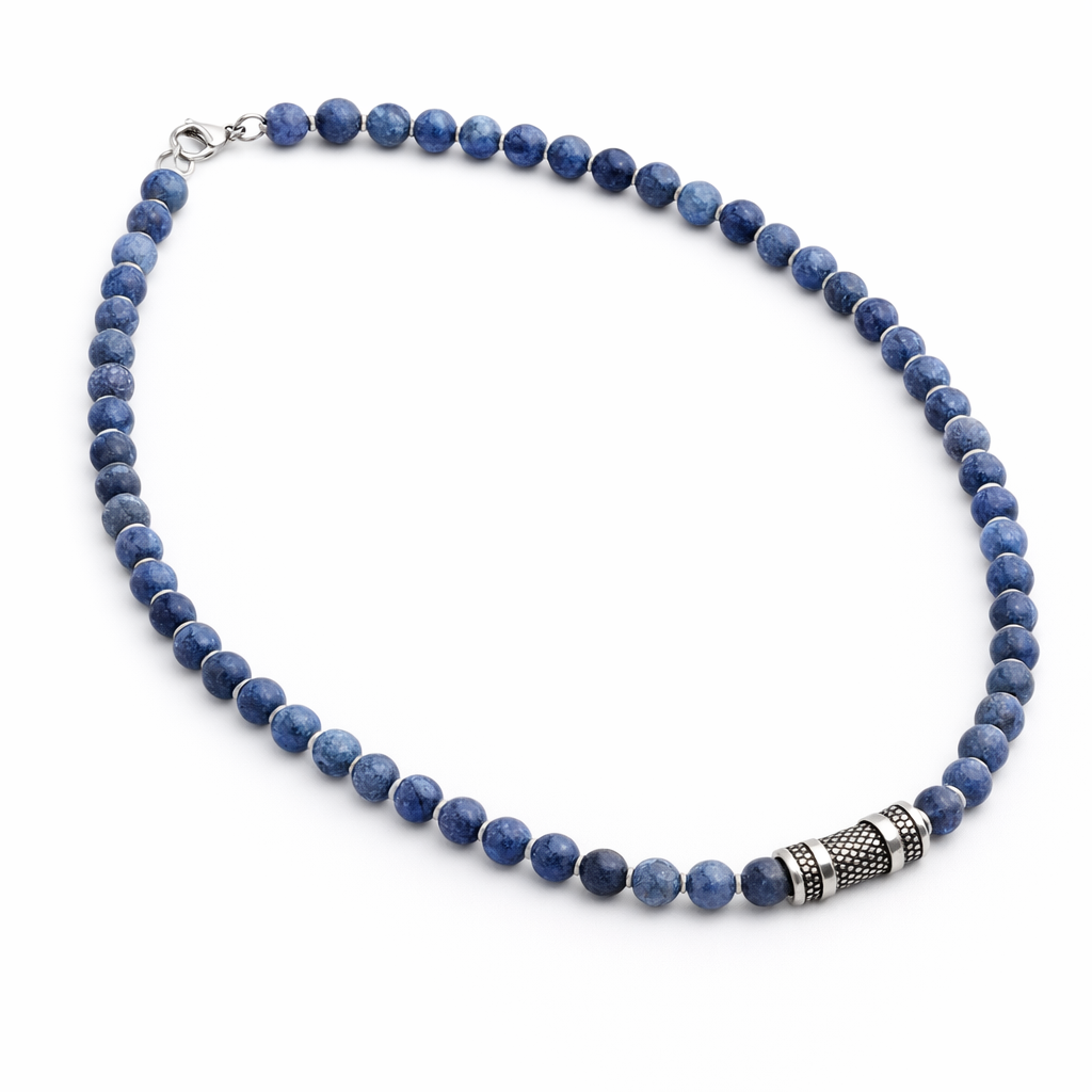 Men's Dumortierite Bead Chain with Stainless Steel Accent