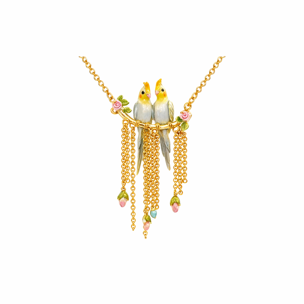 Duo Of Cockatiel And Rosebuds Statement Necklace