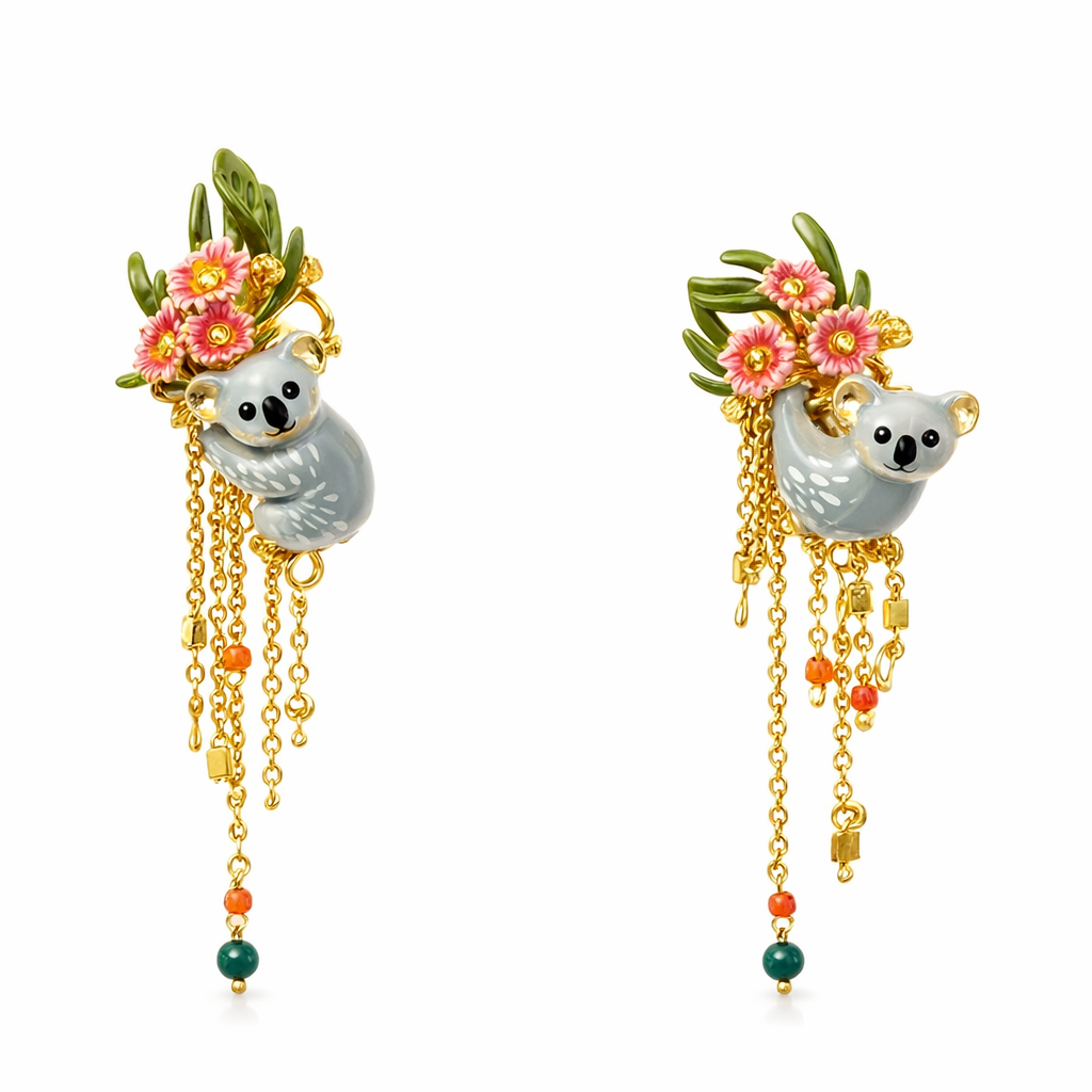 Duo Of Koalas, Pink Eucalyptus &amp; Malachite Earrings