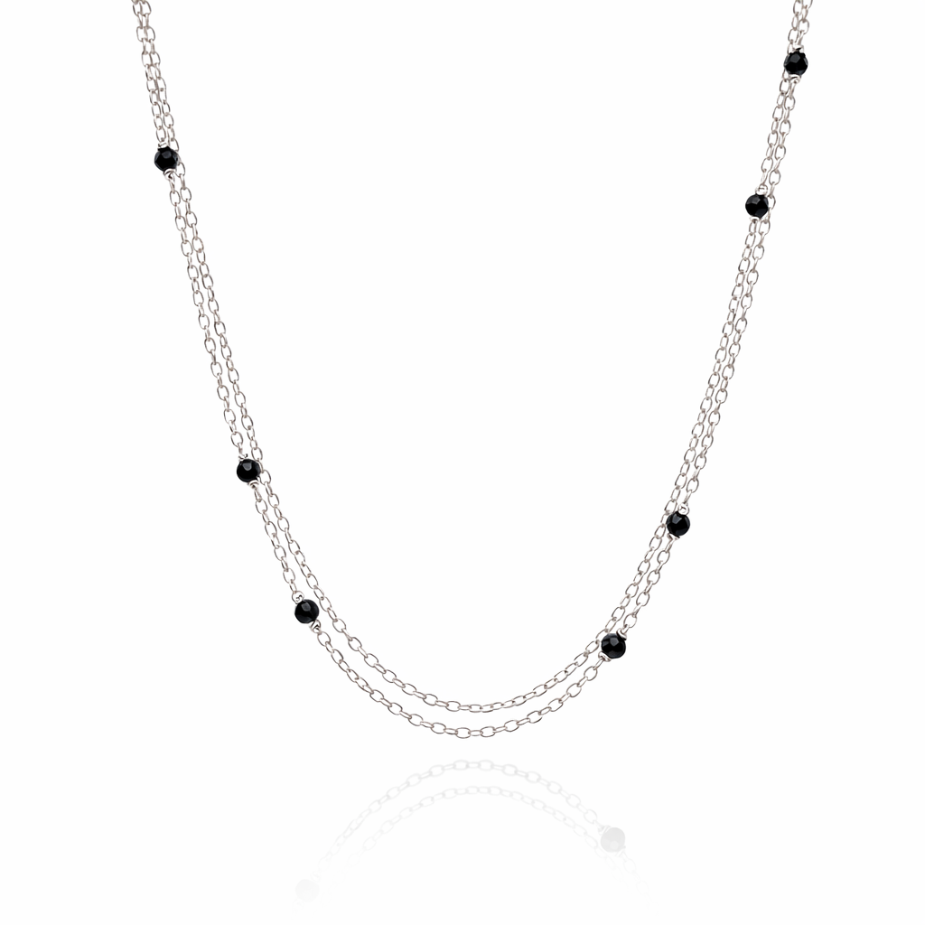 Midnight Harmony: Double Strand Silver Necklace with Onyx