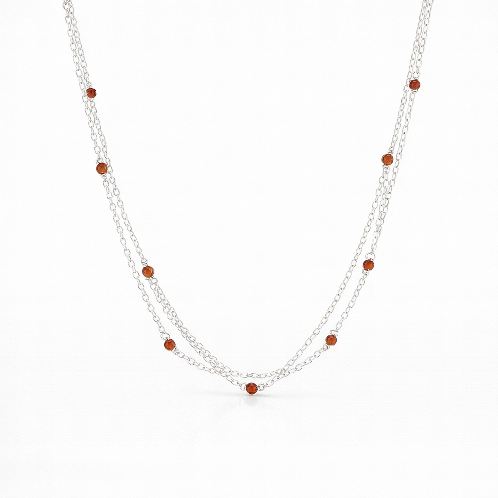 Carnelian Beads &amp; Three Strand Necklace In Silver