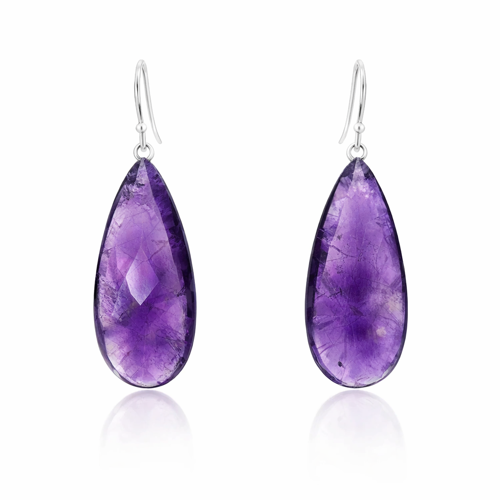 Drop Amethysts (30x15mm) On Sterling Silver Hooks