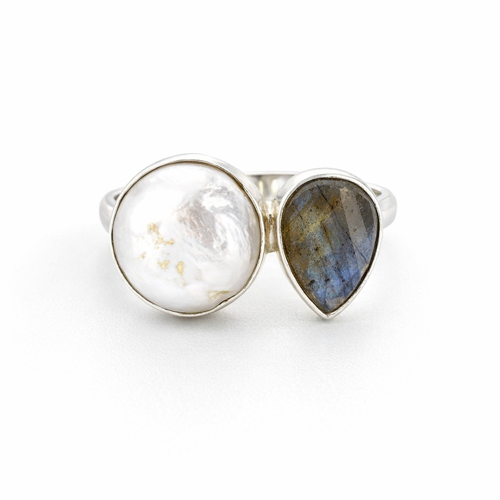 Labradorite And Freshwater Pearl Ring In Sterling Silver