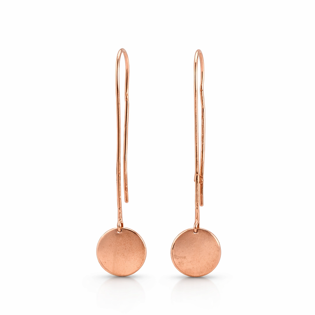 Rose Gold Plated Disc On A Long Drop Earrings