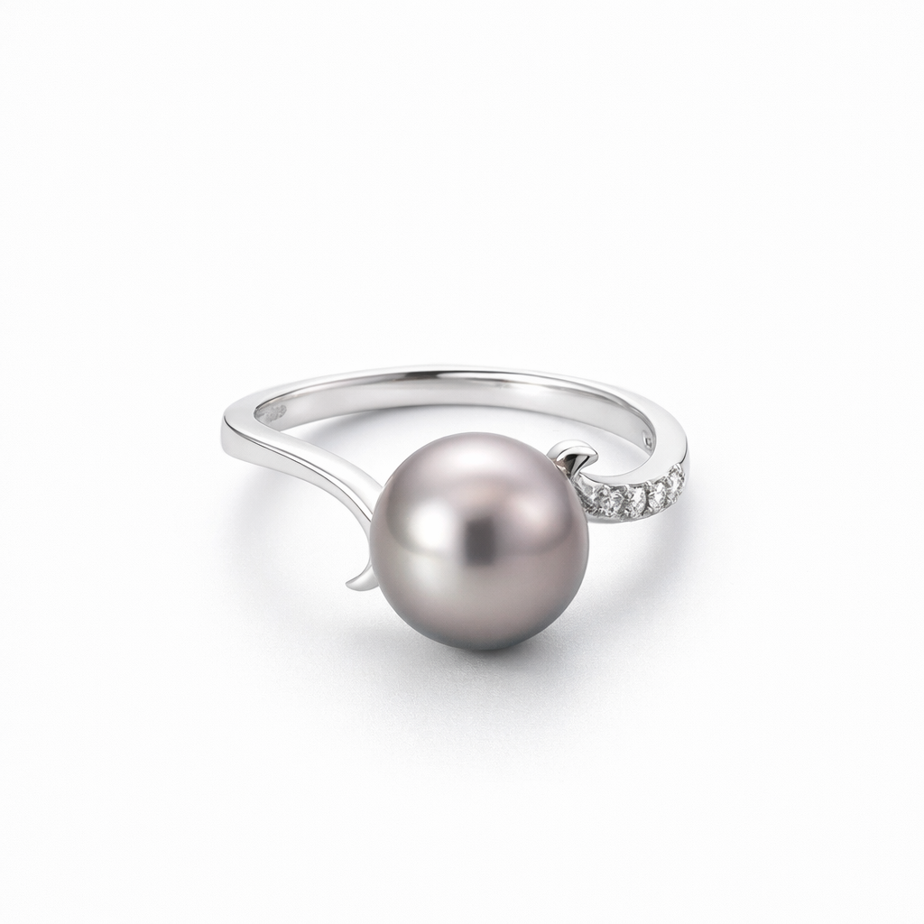 Tahitian Pearl &amp; Twisted Diamond Band Ring In Silver