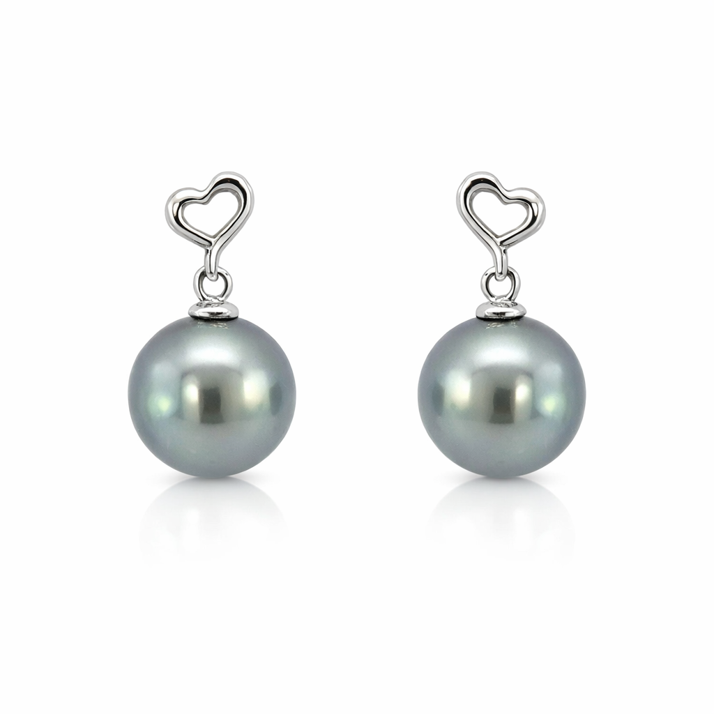 Tahitian Pearl Drop Earrings On Silver Heart Stud