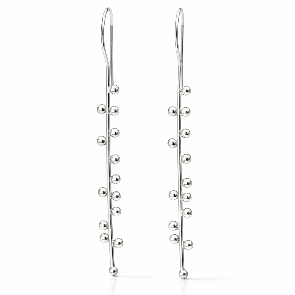 Earrings | Sterling Silver Long Bar With Bead Fringe