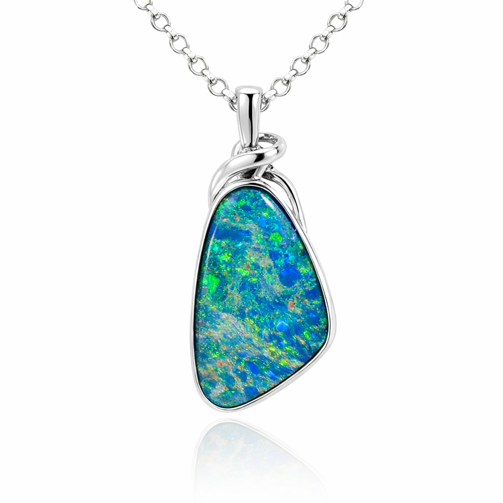 Organic Blue/Green Boulder Opal Pendant In Silver