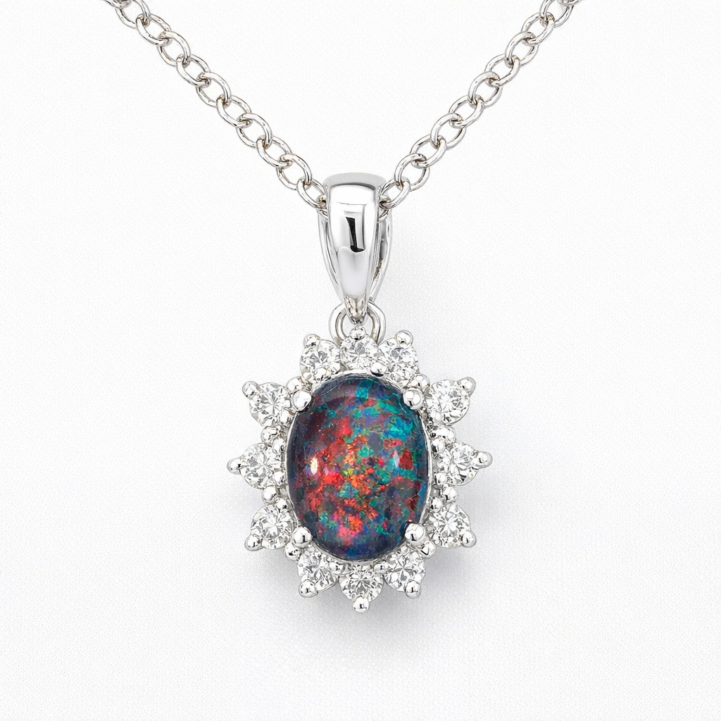 Opal Triplet With CZ Halo Pendant | Silver