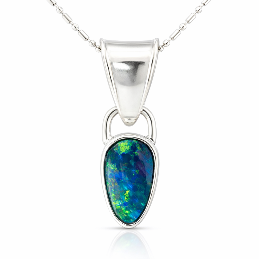 Opal In Blues And Greens Pendant | Silver