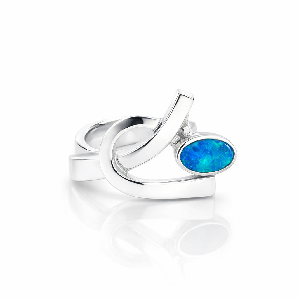 Aussie Opal Ring In Blues And Greens In Silver