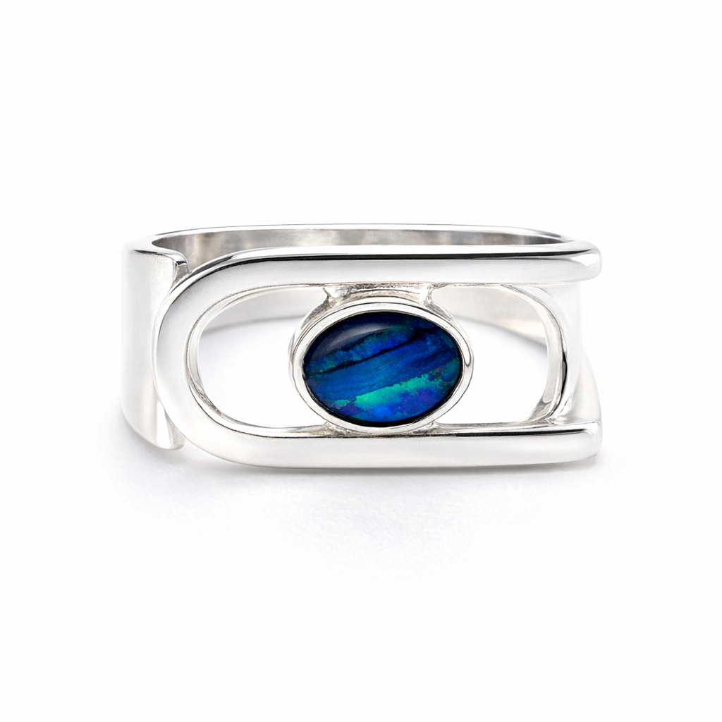 Striking Opal In A Sideways U Shape Silver Ring