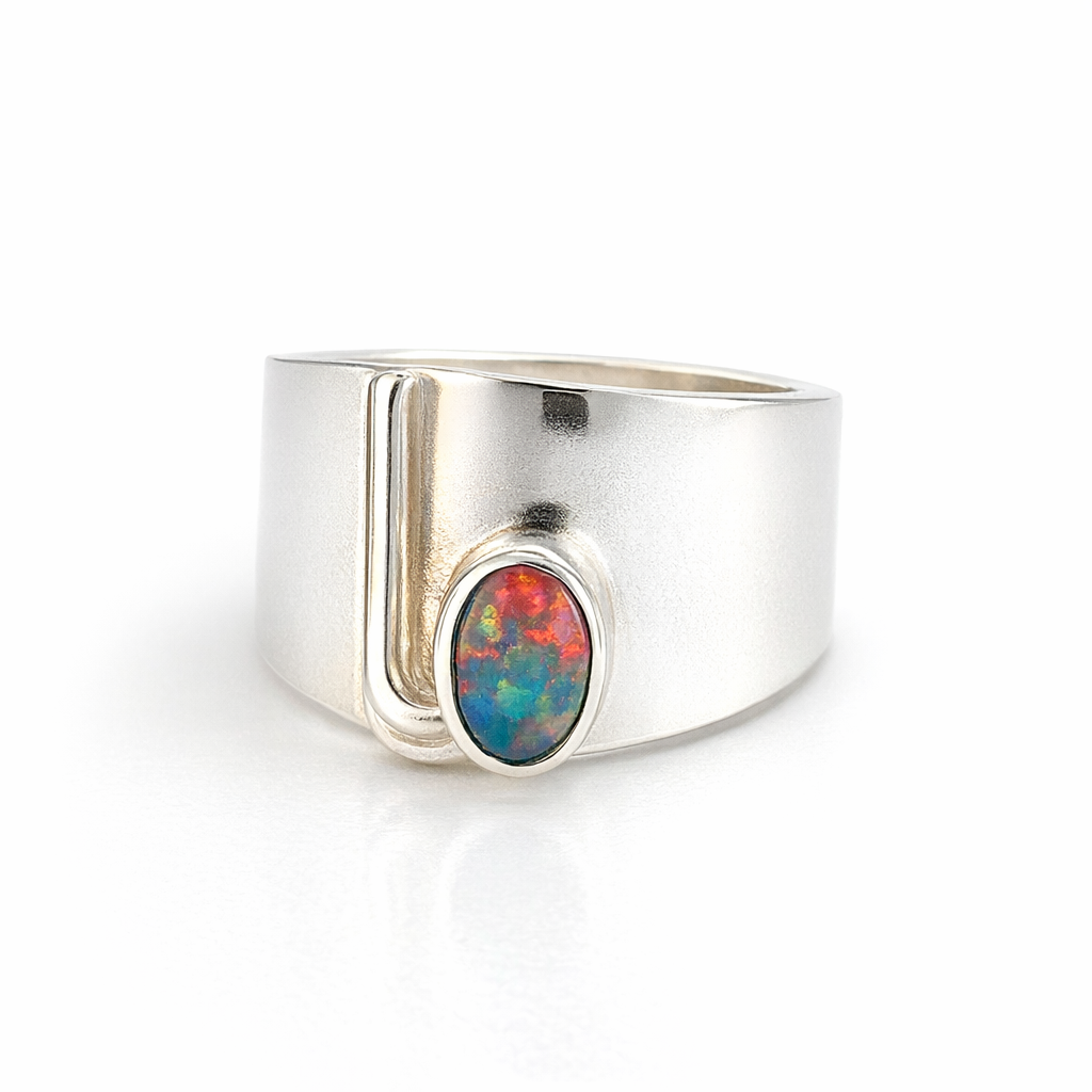 Opal Vibrant Colours In A Wide Sterling Silver Ring