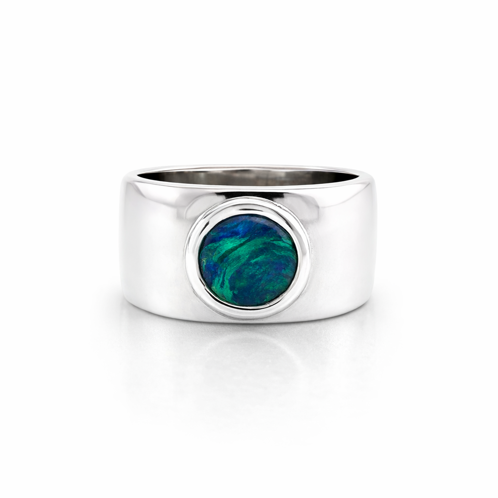 Opal Ring With Green Swirls In Sterling Silver