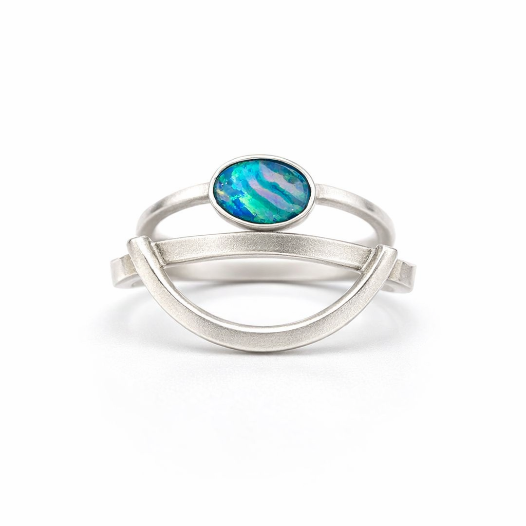 Wide Silver Ring Set With An Aussie Opal