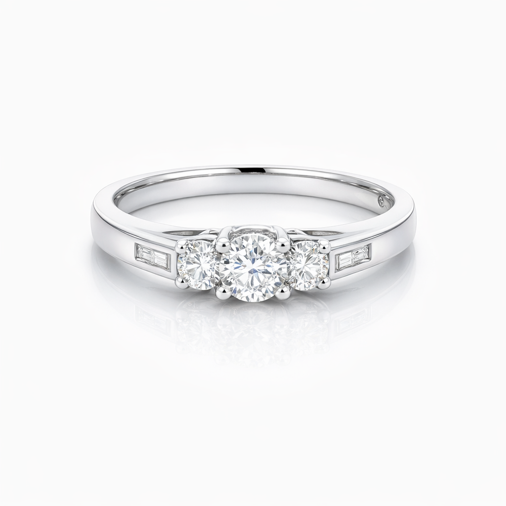 Round Brilliant And Baguette Cut Diamond Ring In 18K