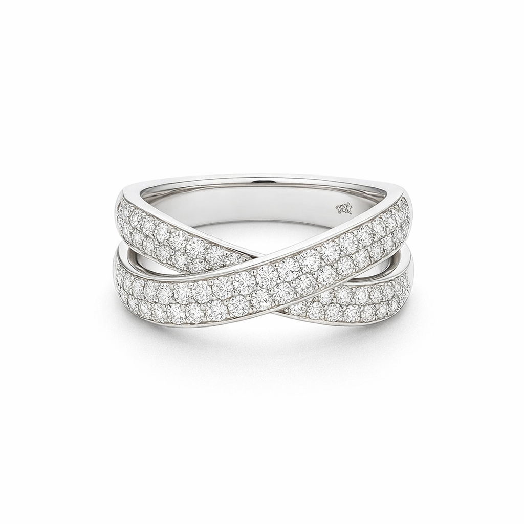 Pave Diamond Crossover Ring In 18K White Gold