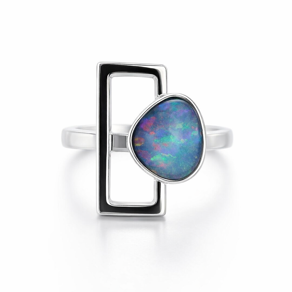 Opal Ring Set With A Rectangular Sterling Silver Frame