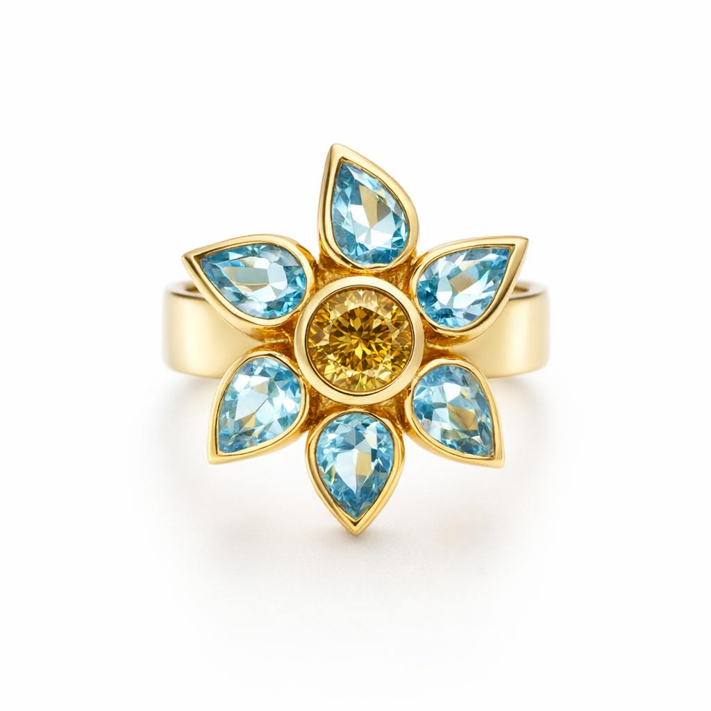 Aquamarine And Yellow Sapphire Ring In 18K