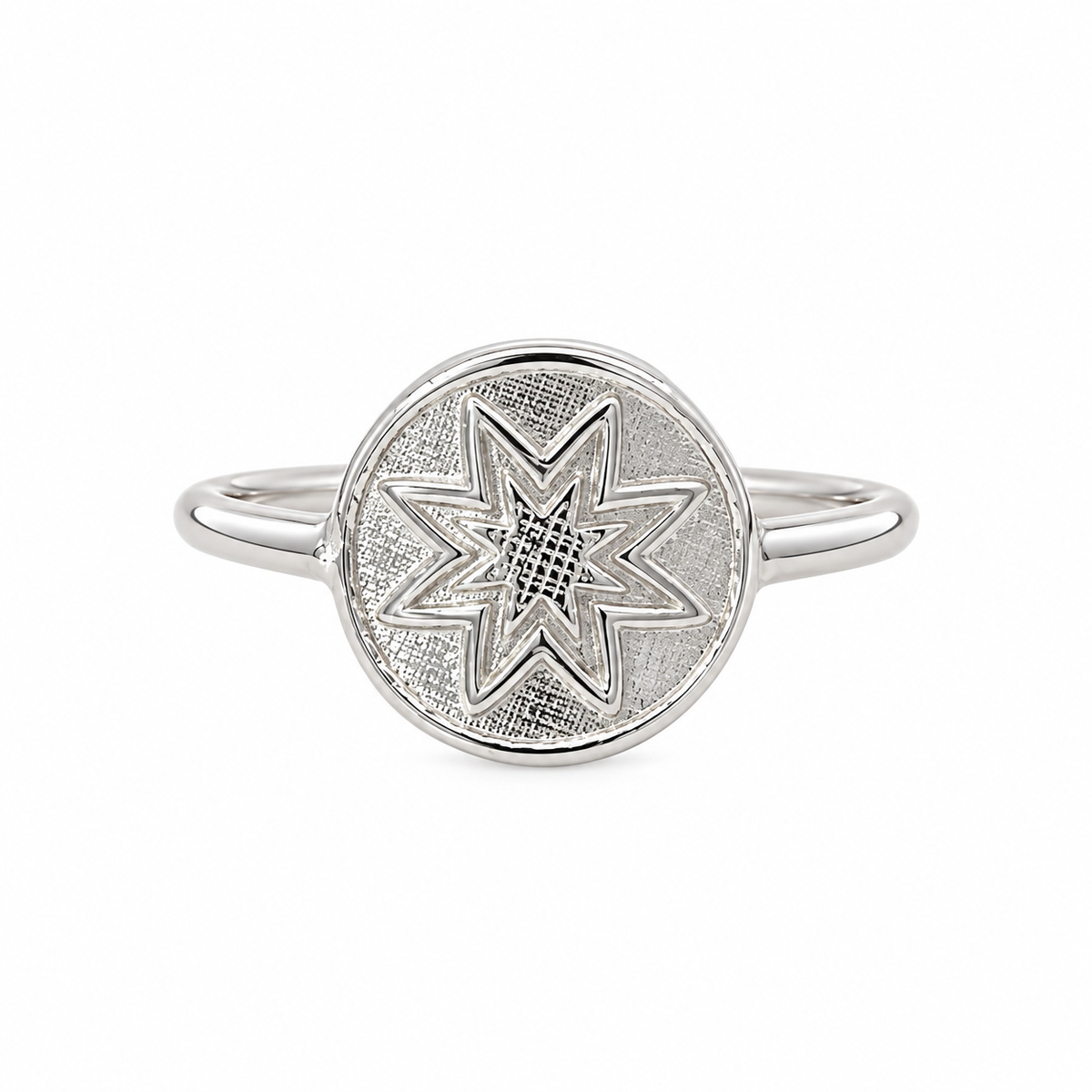 925 sterling silver starburst signet ring with intricate geometric design, size N+