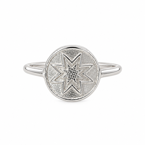 925 sterling silver starburst signet ring with intricate geometric design, size N+