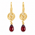 Pair of 9ct yellow gold swirl drop earrings featuring polished spiral designs and two faceted pear-shaped deep red garnets totalling 4.10ct, by Jules Collins Jewellery.