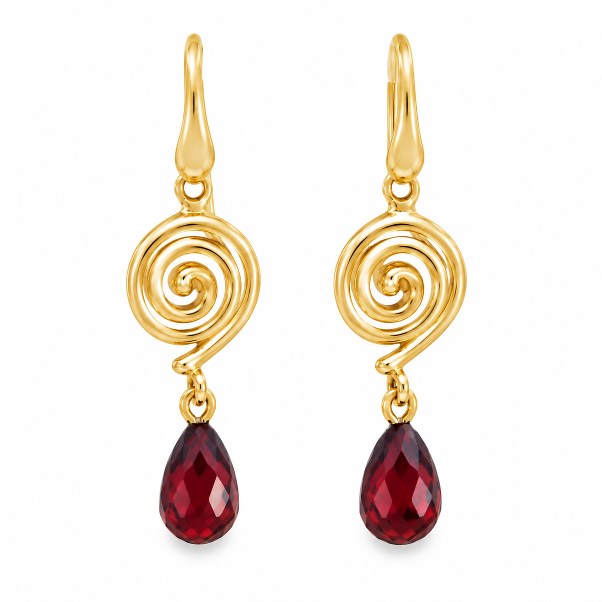 Pair of 9ct yellow gold swirl drop earrings featuring polished spiral designs and two faceted pear-shaped deep red garnets totalling 4.10ct, by Jules Collins Jewellery.