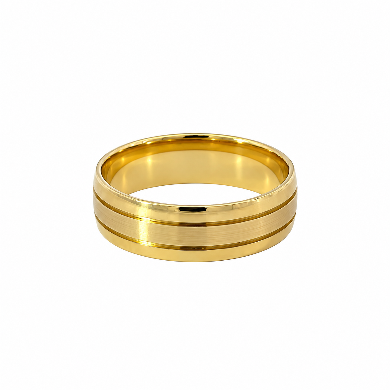 9ct yellow gold 6mm band ring with polished edges and double groove detail, size O