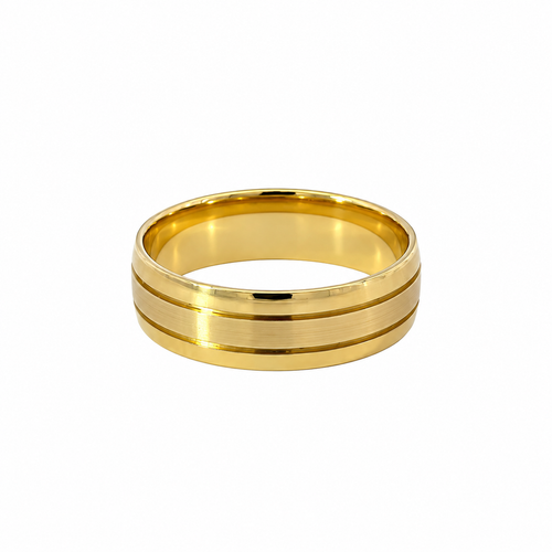 9ct yellow gold 6mm band ring with polished edges and double groove detail, size O