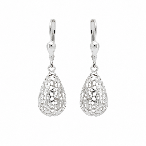 Pair pf 9k white gold filigree teardrop earrings with leverback closures on a white backround