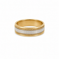 9k yellow and white gold textured band ring with vertical detailing and twisted rope-style edges on a white background