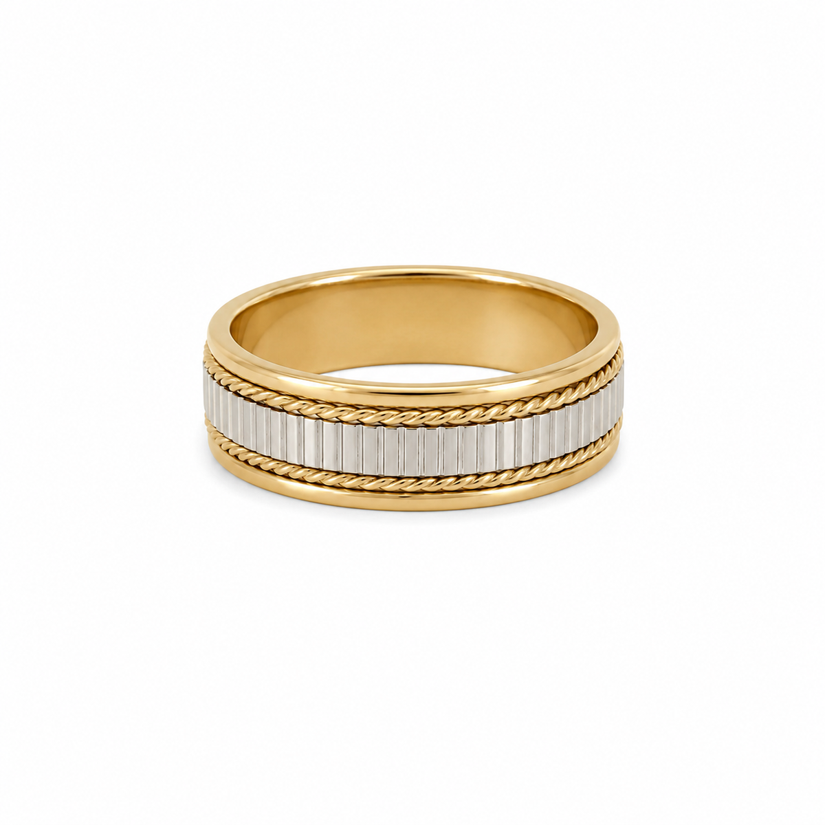 9k yellow and white gold textured band ring with vertical detailing and twisted rope-style edges on a white background