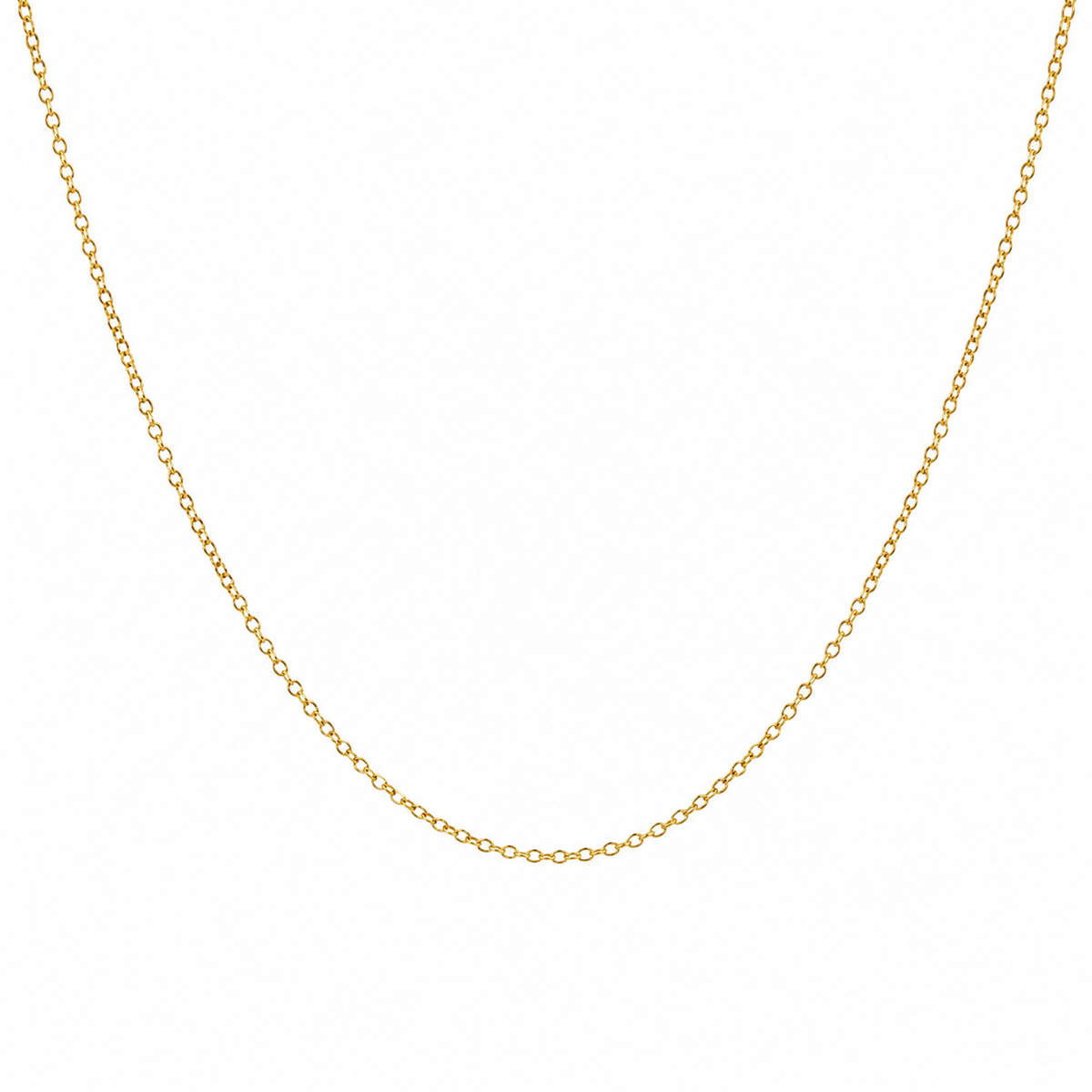 Fine 9k yellow gold cable chain necklace measuring approximately 42 cm on a white background