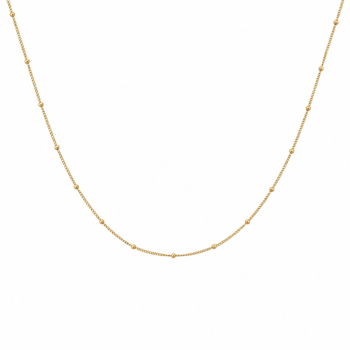 Fine 9k yellow gold curb chain necklace with small polished bead details on a white background