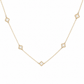 9k yellow gold necklace with five white flower-shaped motifs on a fine chain against a white background