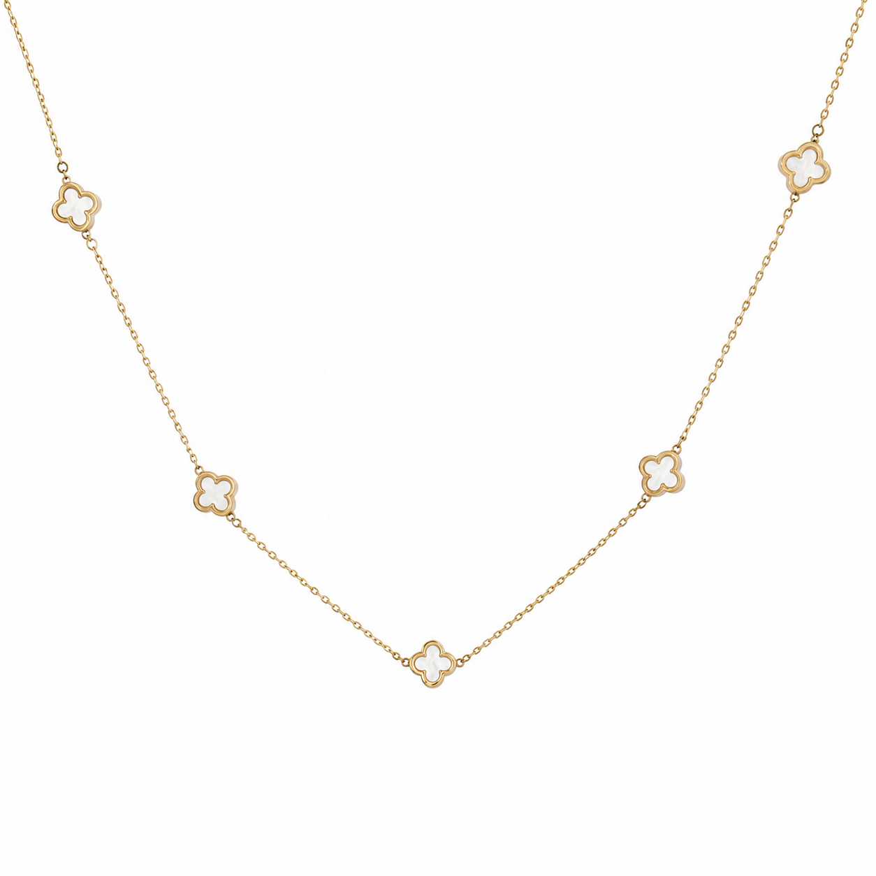 9k yellow gold necklace with five white flower-shaped motifs on a fine chain against a white background