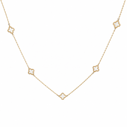 9k yellow gold necklace with five white flower-shaped motifs on a fine chain against a white background