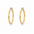 Pair of polished 9k yellow gold hoop earrings measuring approximately 23.5 mm in diameter on a white background