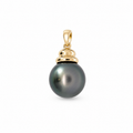 Tahitian pearl pendant with a 9k yellow gold decorative cap and tapered bail on a white background