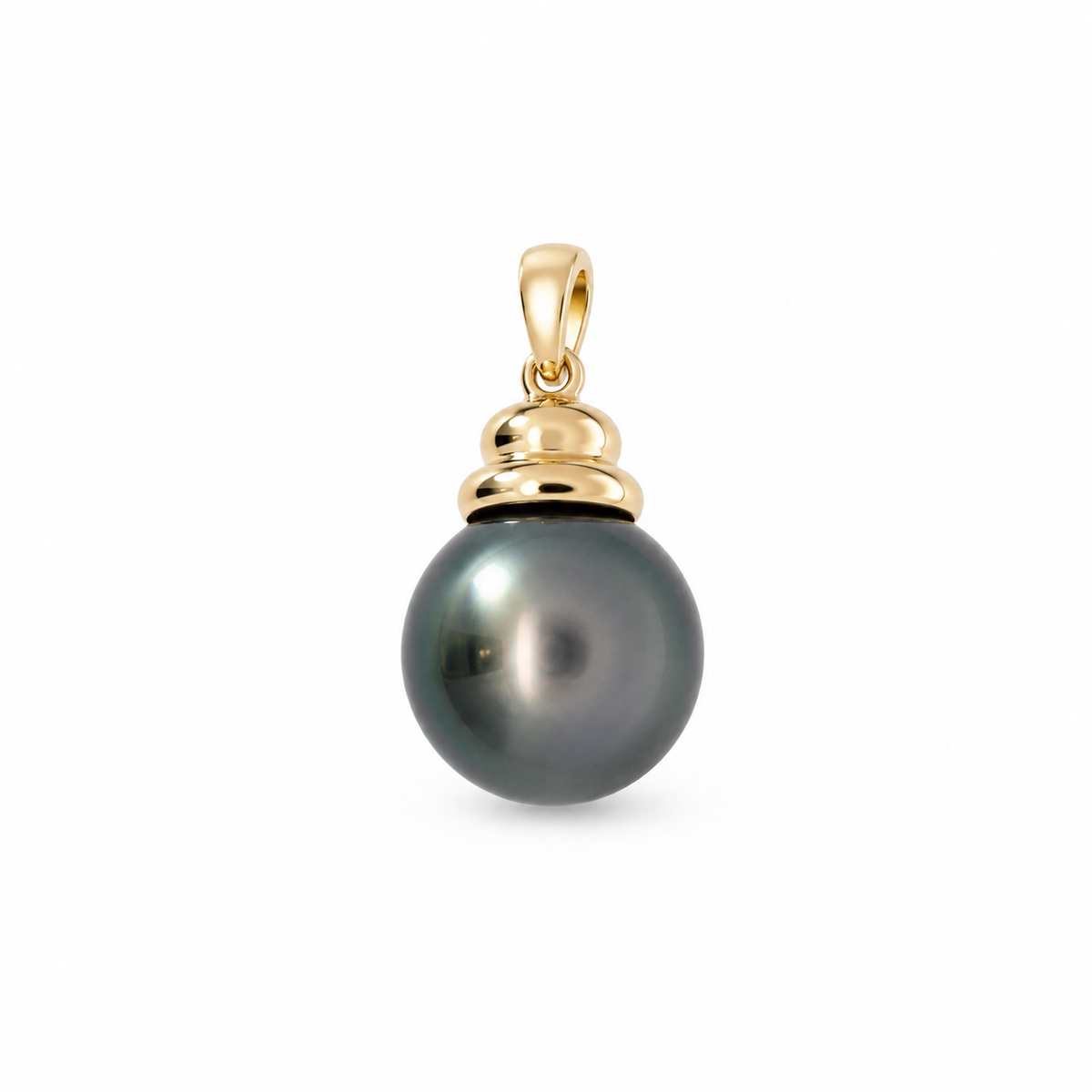 Tahitian pearl pendant with a 9k yellow gold decorative cap and tapered bail on a white background