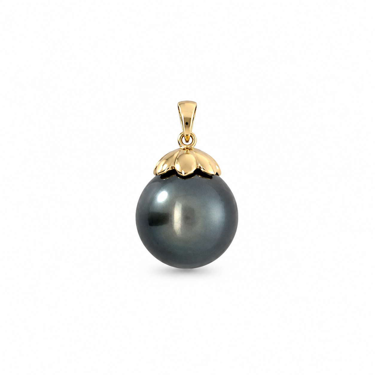 Tahitian pearl pendant with a 9k yellow gold cap and tapered bail on a white background