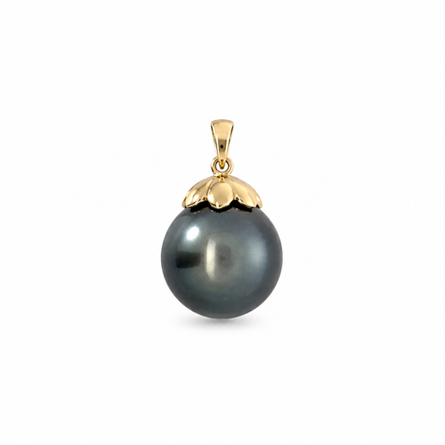 Tahitian pearl pendant with a 9k yellow gold cap and tapered bail on a white background