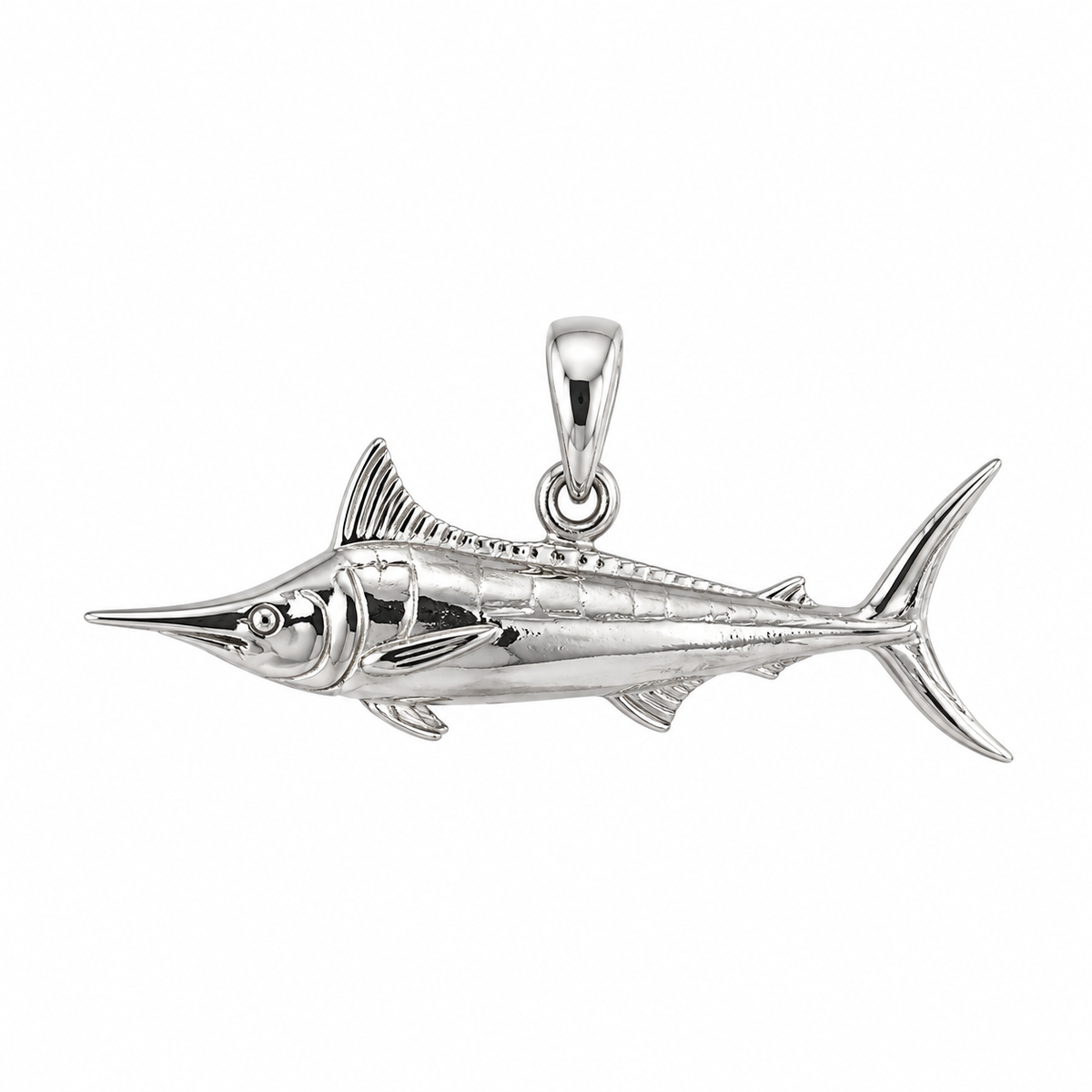 Sterling silver Marlin fish pendant with detailed fins and elongated bill, approximately 3cm long