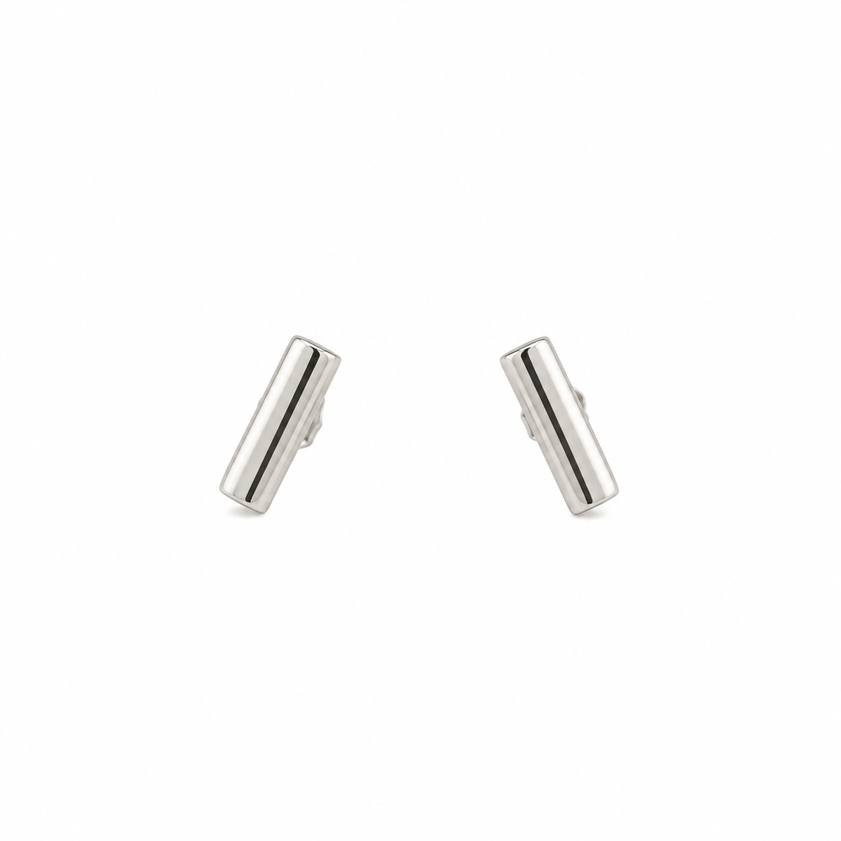 Sterling silver minimalist bar stud earrings measuring approximately 9mm x 3mm