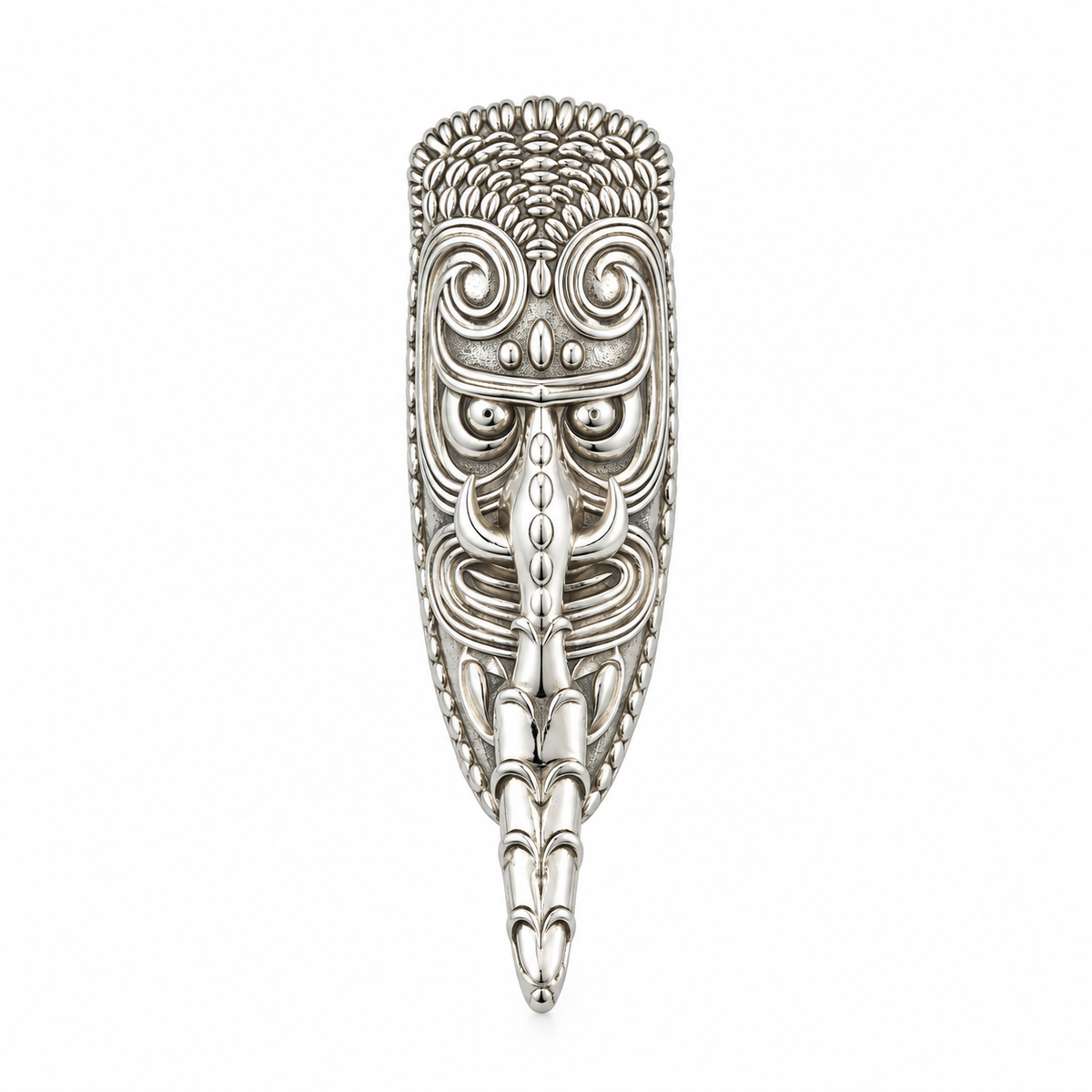 Sterling silver Papua New Guinea inspired tribal mask pin with intricate raised and engraved detailing