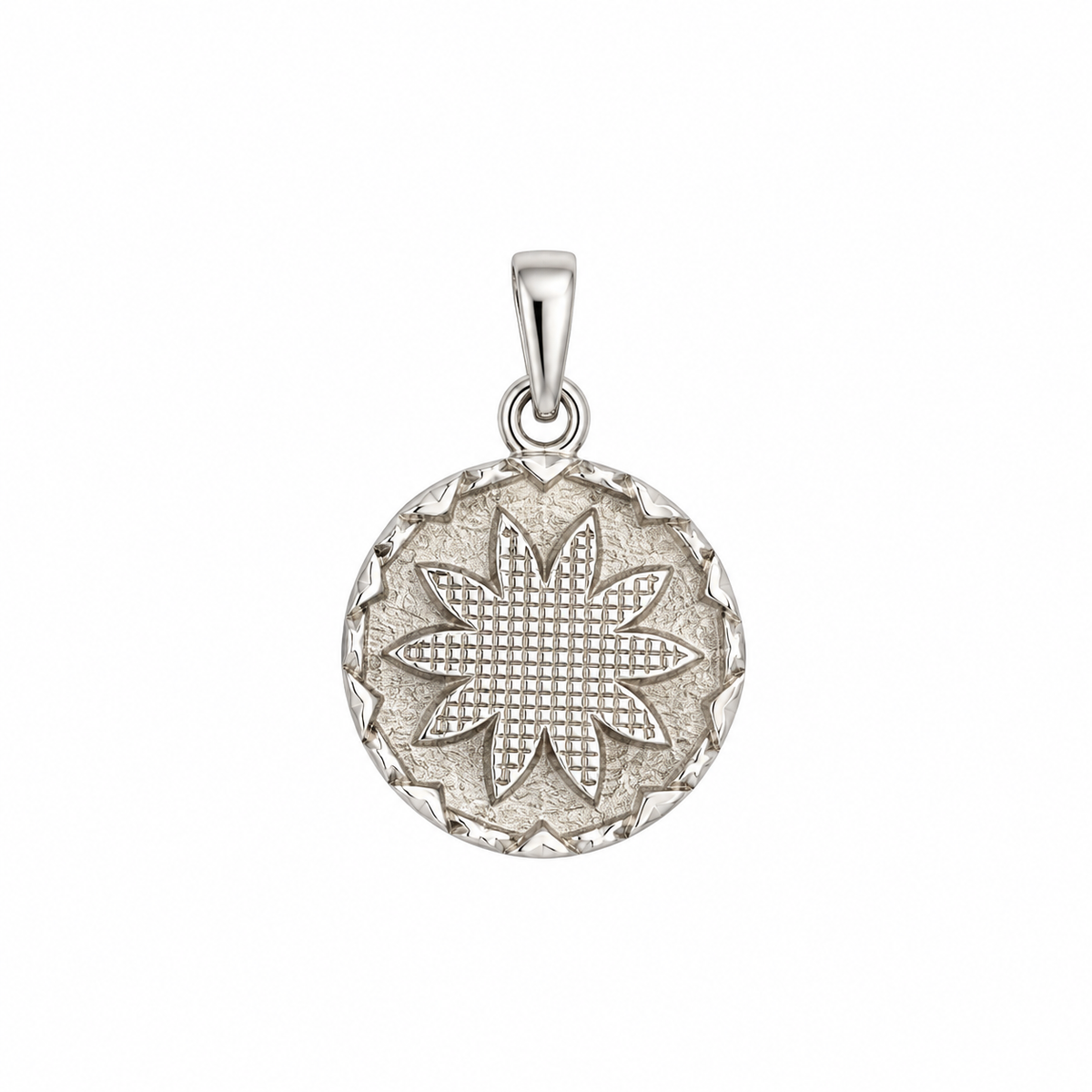 Sterling silver Papua New Guinea inspired round pendant with woven starburst motif and textured border