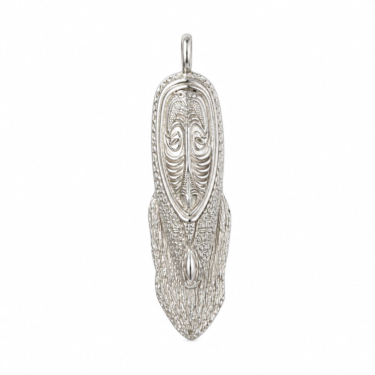 Sterling silver Papua New Guinea tribal mask pendant with intricate textured detail, approximately 52mm x 16mm