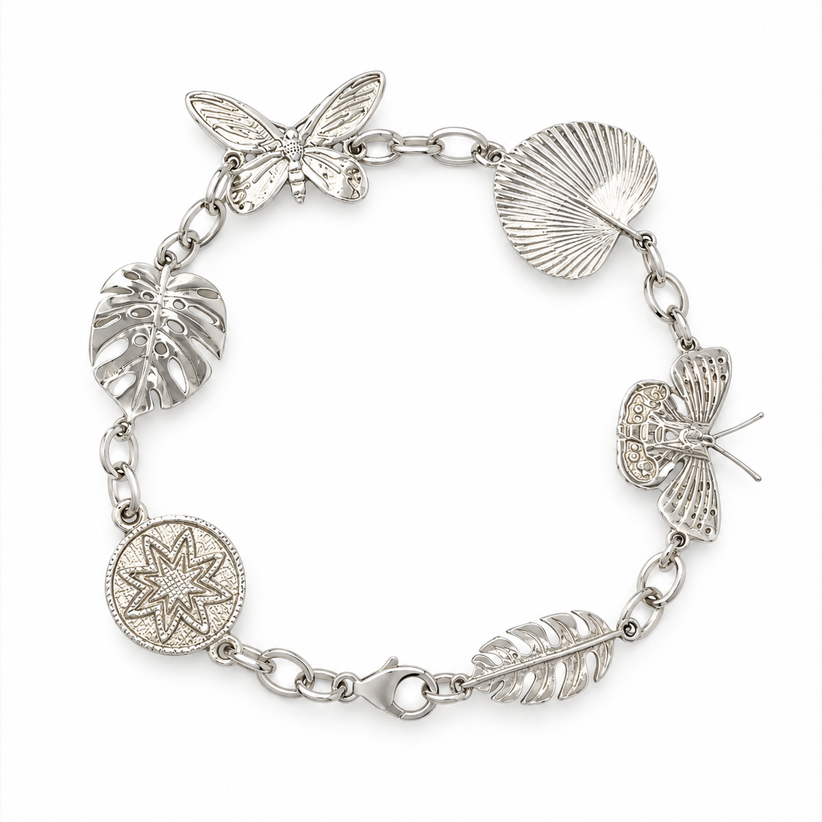 20cm sterling silver tropical charm bracelet with butterfly, palm leaf, monstera leaf and woven starburst charms