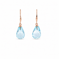 Pair of blue topaz drop earrings with 9 ct rose gold hooks on a white background