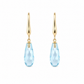 Pair of blue topaz drop earrings with faceted elongated stones and 9K yellow gold hooks on a white background